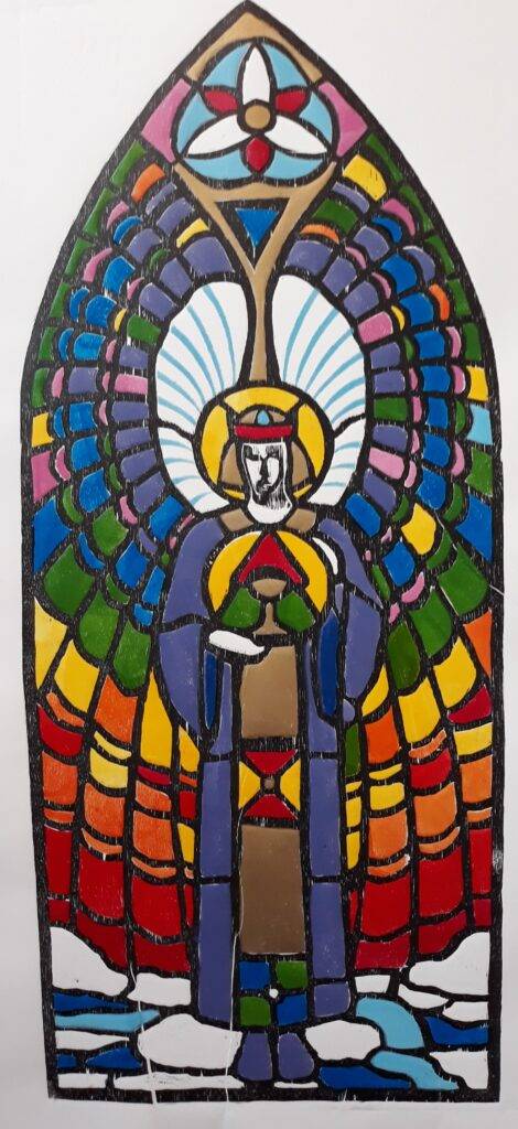 xilogravura colorida com estêncil